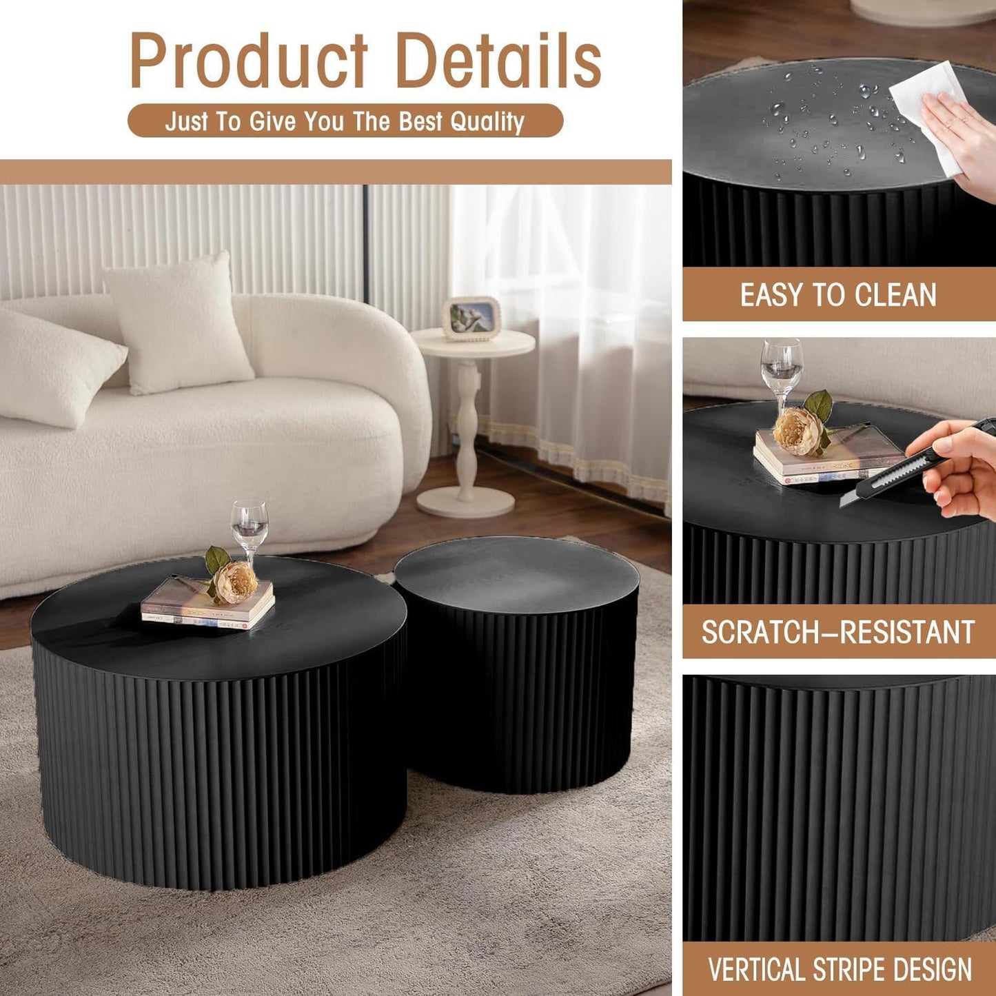 Round Coffee Table Set of 2, Nesting Coffee Table and End Table Set Small Circle Drum Side Table for Living Room Office, No Assembly (A Black Small)