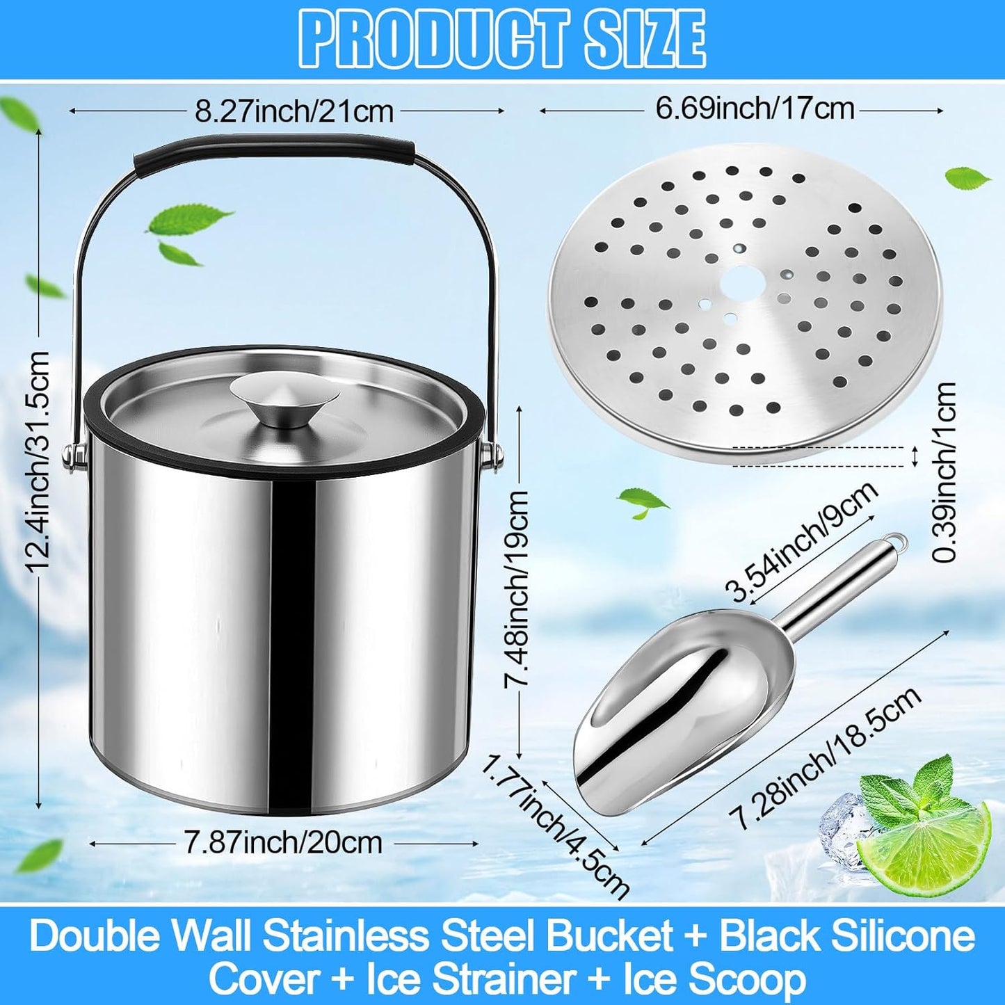 meekoo 4 L Double Wall Insulated Stainless Steel Ice Bucket with Lid, Scoop, Strainer, Handle Large Wine Ice Bucket Upgraded Cover Keep Frozen Longer for Cocktail Bar Parties(Silver)