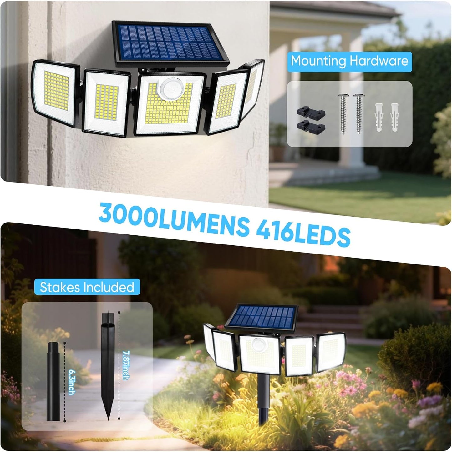 Solar Lights Outdoor Waterproof Motion Sensor with Stake - 2-in-1 In-Ground/Wall Mount, 416 LED 3000LM Super Bright 3 Brightness 3 Modes 360° Illumination Solar Security Lights for Outside, 1Pack