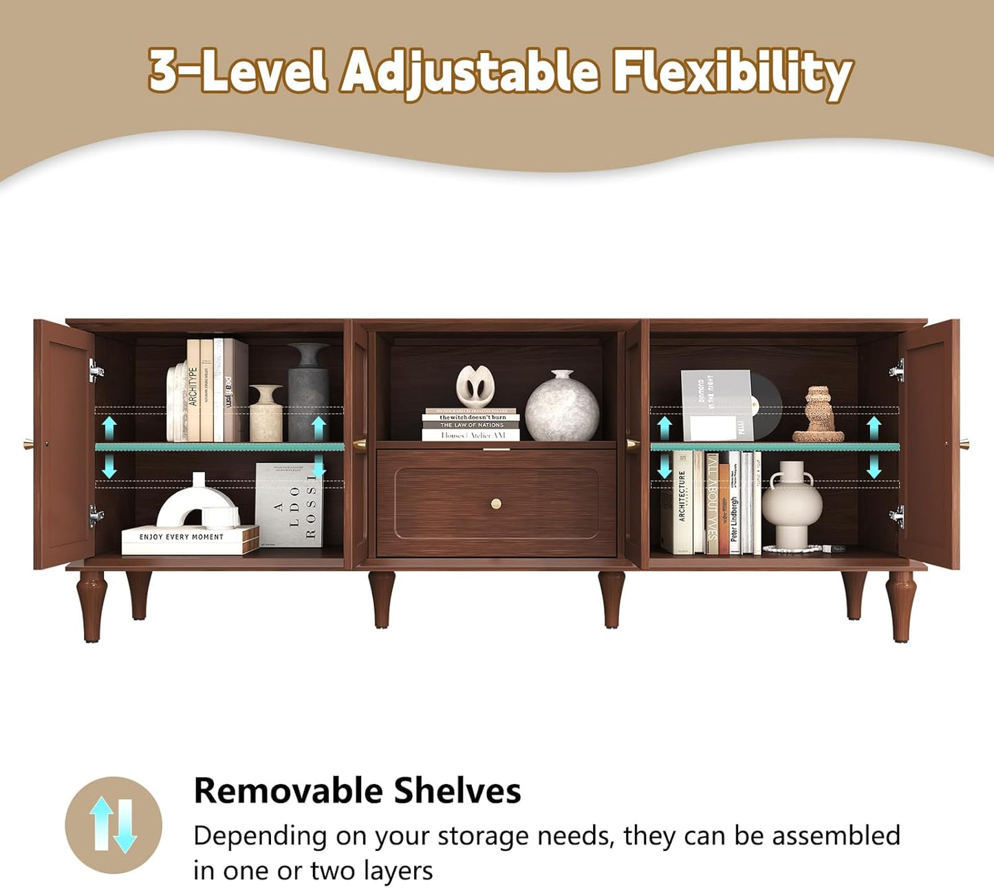 ARTPOWER 67'' Mid-Century Modern TV Stand with Storage Drawer and Doors, Long TV Stand with Adjustable Shelves for 75 Inch TV for Living Room, Bedroom, Brown