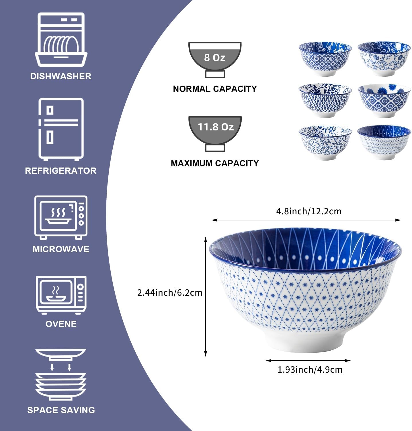 Ceramic Dessert Bowls Set - 12 Oz Small Cereal Bowls 4.75 Inch Ice Cream Bowl for Fruit, Snack, Dipping Sauce, Side Dishes - Microwave Dishwasher Safe - Set of 6 - Vintage Blue