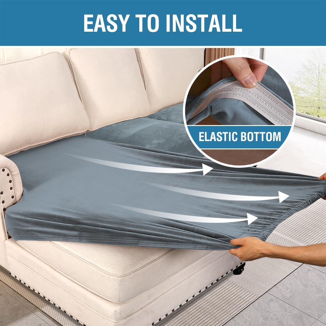 H.VERSAILTEX Velvet Stretch Sectional Couch Covers 3 Pieces Sofa Seat Cushion Covers L Shape Separate Cushion Couch Chaise Cover for Both Left/Right Couch (Large Sofa 2 Seater + 1 Chaise, Stone Blue)