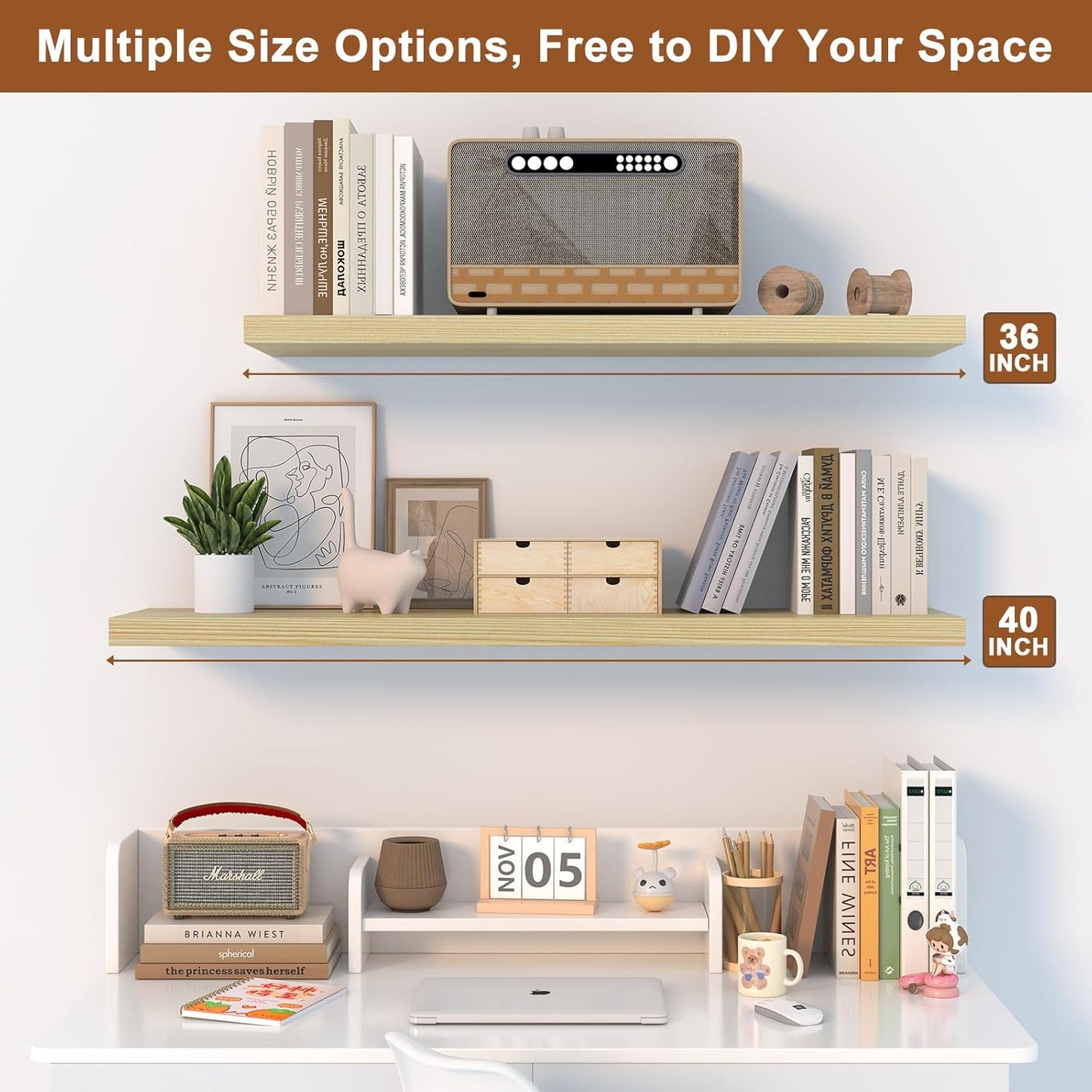 12 Inch Deep Floating Shelves for Wall 2 Pack Floating Shelves Large Storage Space Wall Mount Shelf for Living Room Kitchen Bathroom 36" W x 12" D x 1.2" H Oak