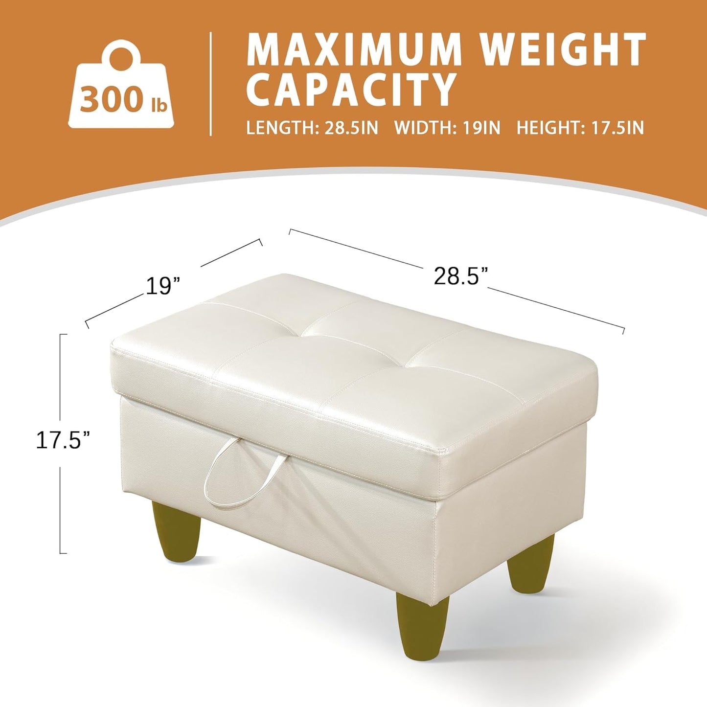 Ottoman Rectangular Storage Ottoman Bench, Faux Leather Footrest, Coffee Table, Stool Footstool with Hinged Lid for Living Room, Bedroom, Entryway, Pearl White, 28.5"x19"x17.5"