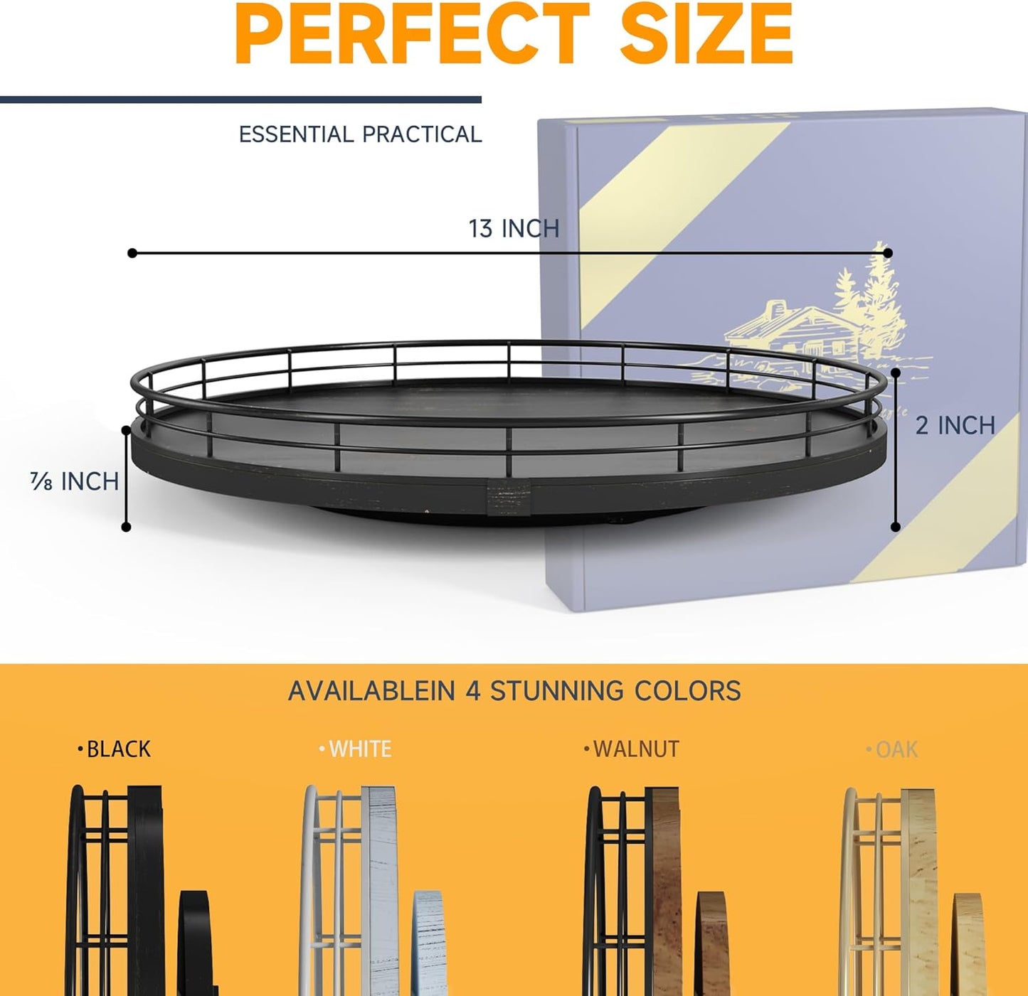 13" Oak Bathroom Vanity Tray Turntable for Perfume Candle, Round Wooden Decorative Tray for Kitchen Sink Countertop Organizer, Bathroom Counter Organizer for Skincare Makeup, Farmhouse Black Gold