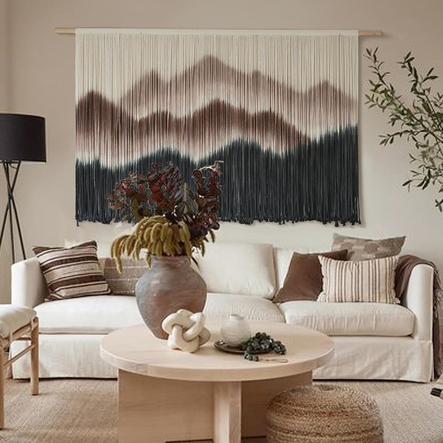 IOWER Macrame Wall Hanging 57" W x 35" L Brown Mountain Dip-Dyed Macrame Wall Decor Large Modern Fiber Art Boho Wall Decor