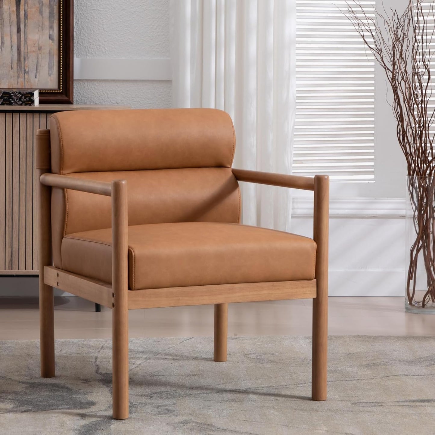 Modern Living Room Chair, Brown Upholstered Accent Chair with Channel Tufted Back, Walnut Wood Lounge Reading Arm Chair, Faux Leather Fabric Side Sitting Chair for Guest Room, Balcony, Bedroom