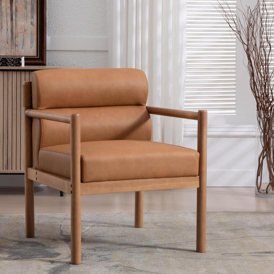 Modern Living Room Chair, Brown Upholstered Accent Chair with Channel Tufted Back, Walnut Wood Lounge Reading Arm Chair, Faux Leather Fabric Side Sitting Chair for Guest Room, Balcony, Bedroom