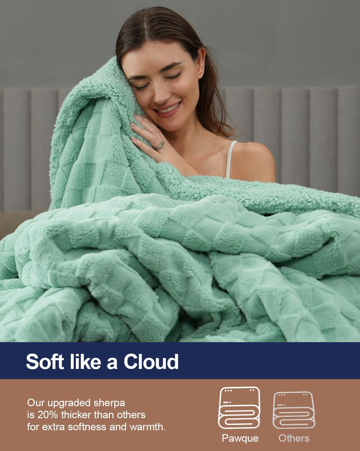 Pawque Super Soft Cozy Throw Blanket King Size for Couch Bed, Fluffy Sherpa Fleece Reversible Thick Warm Fuzzy Blanket for All-Season, 3D Checkered Jacquard Decorative Blankets, Sage Green, 108"x90"