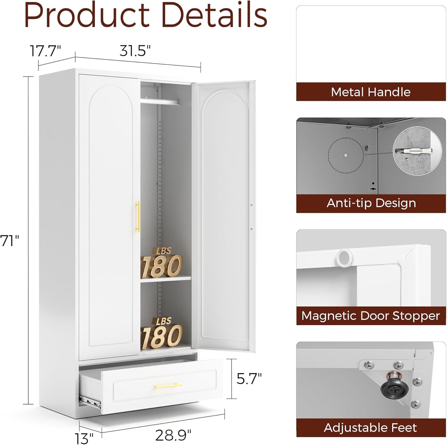Metal Armoire Wardrobe Closet with 2 Doors, 71" Tall Wardrobe Cabinet with Hanging Rod, Drawers and Adjustable Shelves, White Clothing Storage Cabinets for Bedroom, Home Office