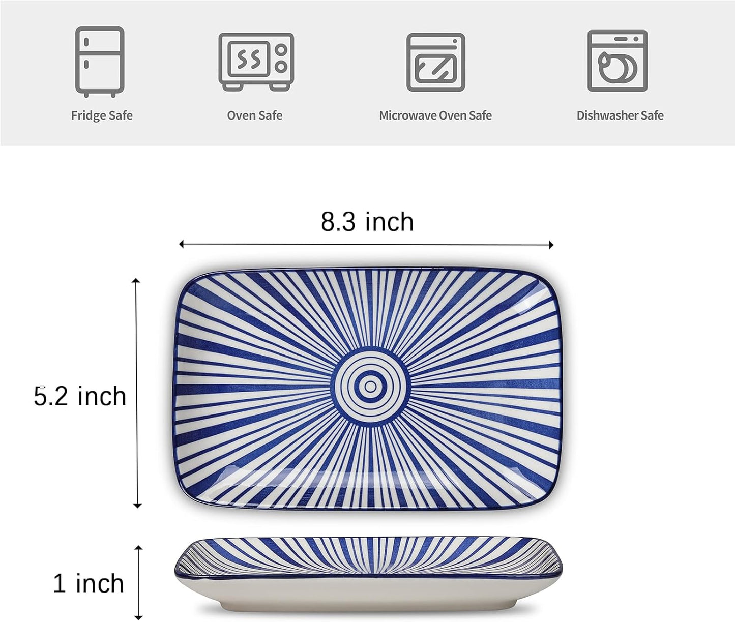 Selamica Ceramic Rectangular Salad Plates Set of 4, Small Serving Plates for Appetizers, Sushi, Fruit, Assorted Colors