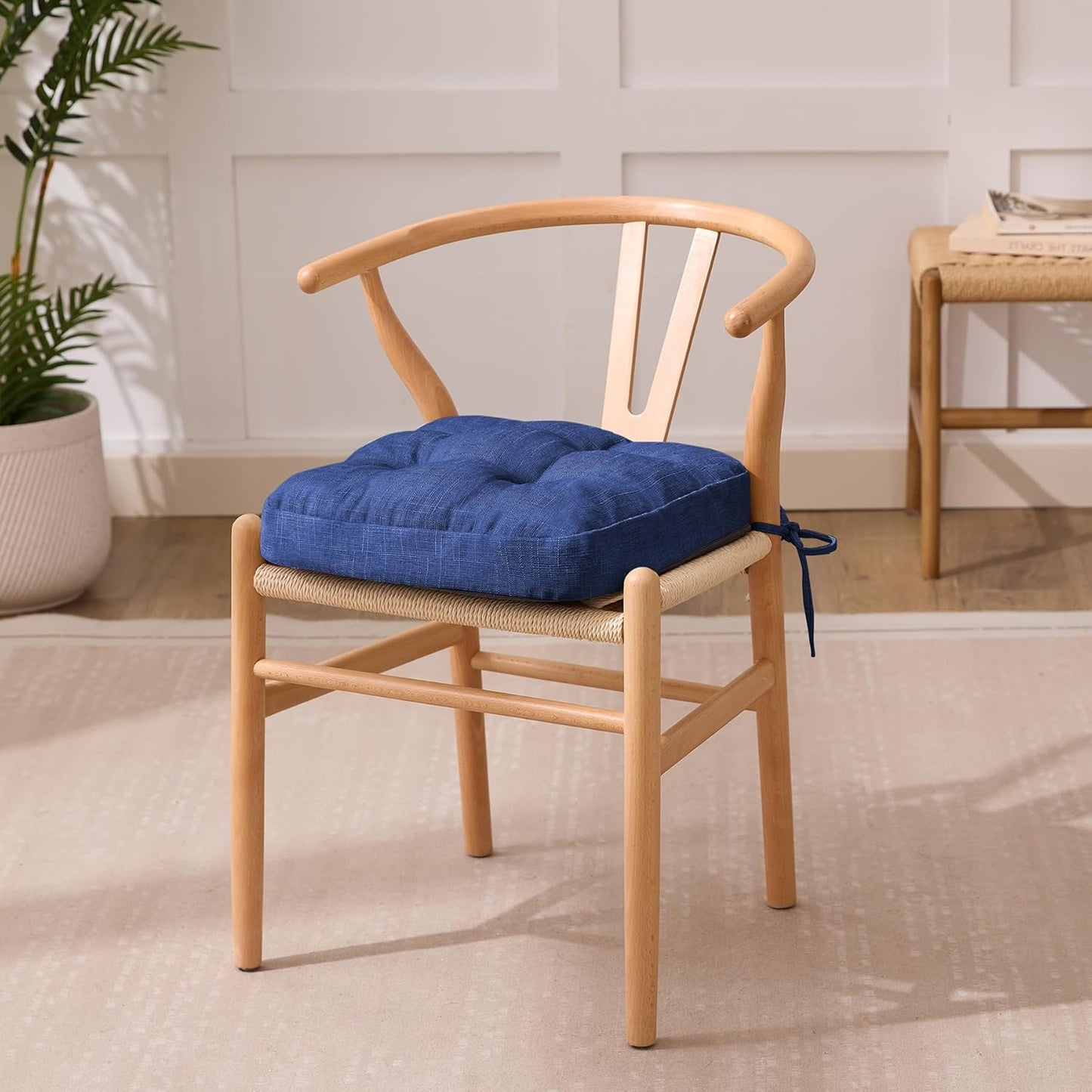 Chair Cushions for Dining Chairs, Dining Chair Cushions, Tufted Indoor Chair Pads with Ties & Non Slip Backing, Seat Cushions for Kitchen Chairs 16.5” x 16.5” x 3.5”, Set of 6, Navy Blue