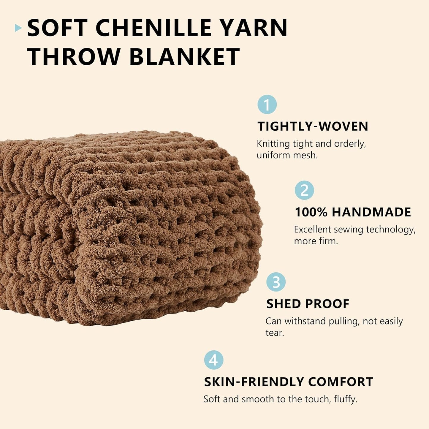L'AGRATY Chunky Knit Blanket Throw: 50''x60'' Chenille Chunky Knitted Throw Blanket for Bed Couch - Handmade Thick Big Cable Knit Blanket - Large Chunky Crochet Rope Blanket for Home Decor(Brown)