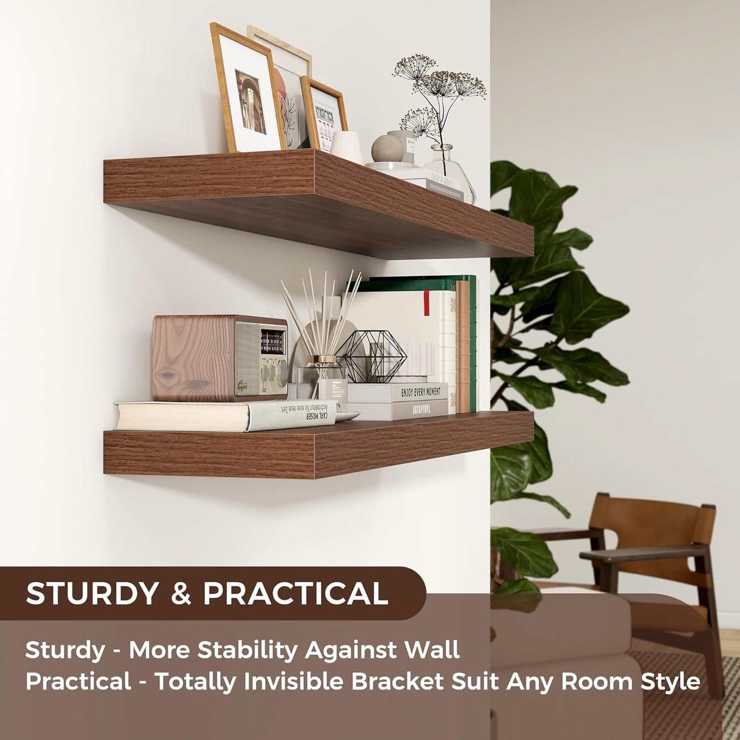 Floating Shelves - 2 Large Wall Mounted Shelves with Invisible Brackets, Long Walnut Wood Floating Wall Shelf for Living Room, Bedroom, Kitchen (36" W x 9" D x 1.5" H)