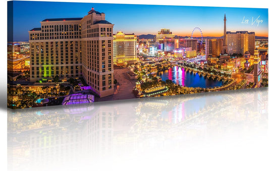 Las Vegas Skyline Wall Art Cityscape Canvas Prints City Modern Building Posters Bellagio Fountain Skyscraper Night View Panoramic Pictures for Home Office Living Room Decor Framed 13.8"x45.3"