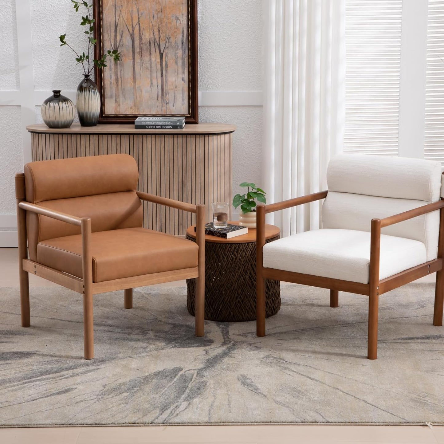 Modern Living Room Chair, White Upholstered Accent Chair with Channel Tufted Back, Brown Wood Lounge Reading Arm Chair, Linen Fabric Side Sitting Vanity Chair for Guest Room, Bedroom, Balcony