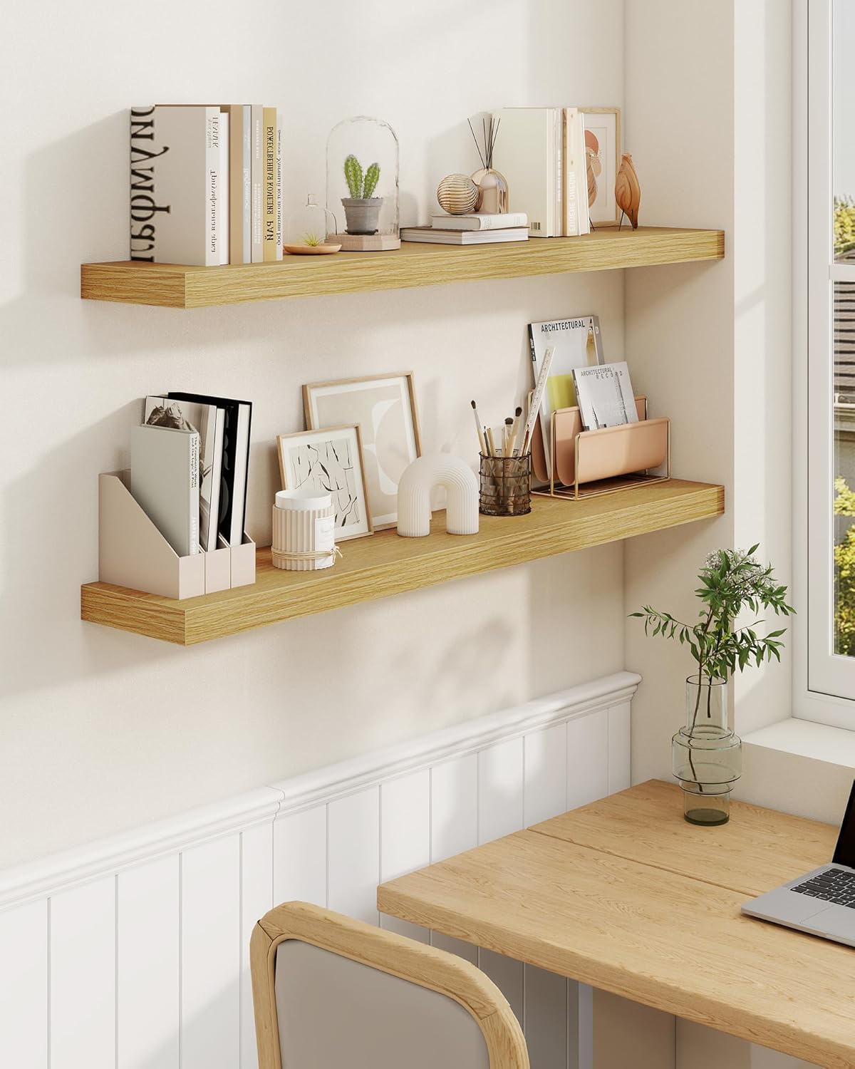 Marsmiles 16" Floating Shelves for Wall, Wooden Shelves with Invisible Brackets Set of 2, Rustic Farmhouse Wall Mounted Shelf for Kitchen Bathroom Living Room Study, Natural Oak