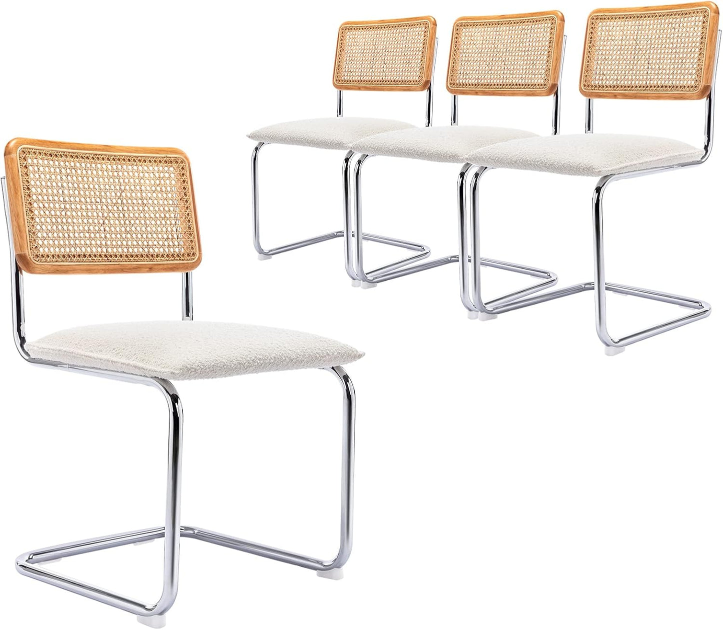 Mid Century Modern Rattan Dining Chairs Set of 4, Boucle Kitchen Chairs with Handwoven Mesh Rattan Backrest and Metal Legs, Upholstered Accent Side Chairs, White