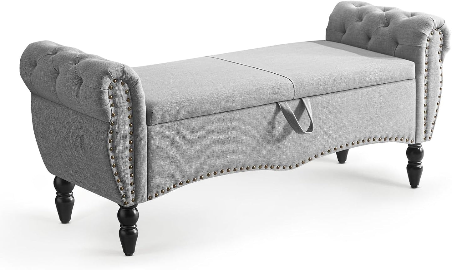 Furniliving 51.75" Storage Ottoman Bench for Living Room, Modern Bedroom Bench with Rolled Arm Upholstered End of Bed Bench Shoe Storage Bench Indoor Bench with Wood Legs Entryway Bench,Grey, Linen