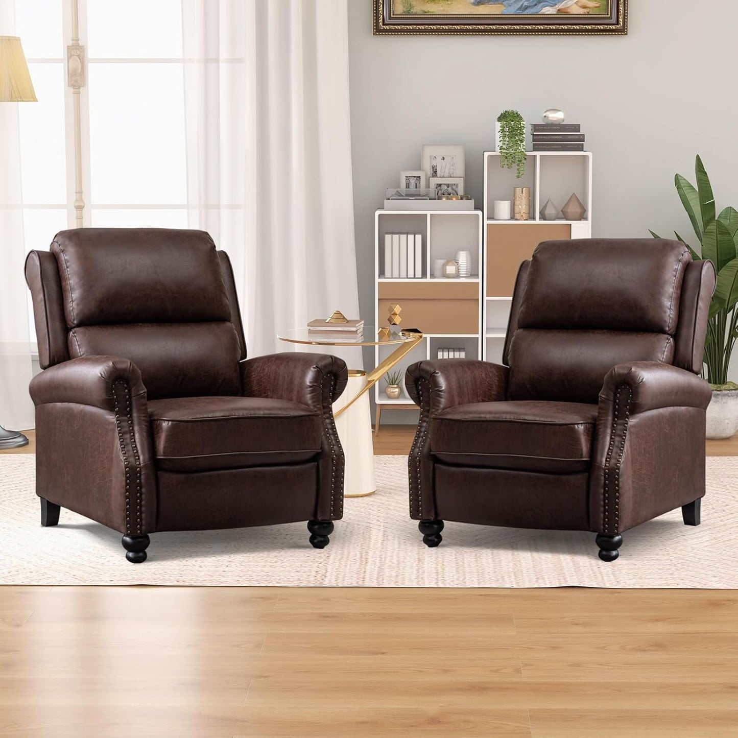 CANMOV Pushback Recliner Chair Set of 2，Leather Armchair Push Back Recliner with Rivet Decoration Single Sofa Accent Chair for Living Room, Reddish Brown