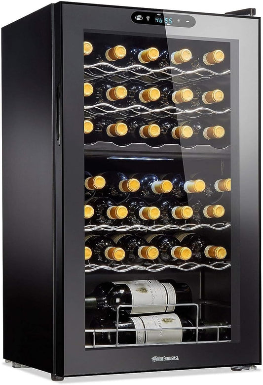 Wine Enthusiast 32-Bottle Dual Zone MAX Compressor Wine Cooler – Freestanding Mini Fridge with Digital Touchscreen, LED Display, Split Storage for Red & White Wines, Matte Black Refrigerator Home Bar