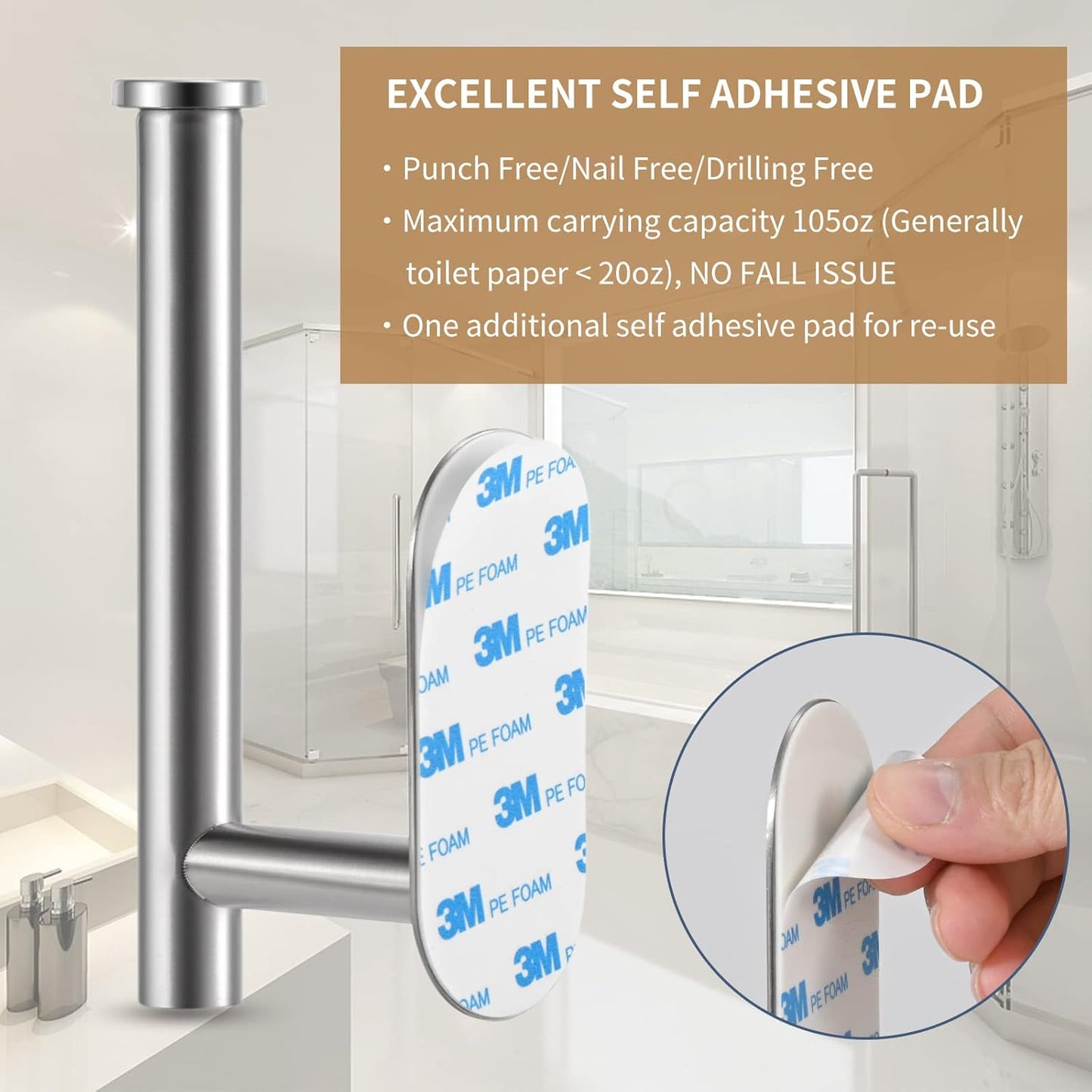 Toilet Paper Holder,Brushed Nickel,Wall Mount, Upgraded Adhesive Toilet Roll Holder,no Drilling,Bathroom/Rv/Washroom,SUS 304 Stainless Steel,Rustproof (Brushed Nickel, 1 Piece)