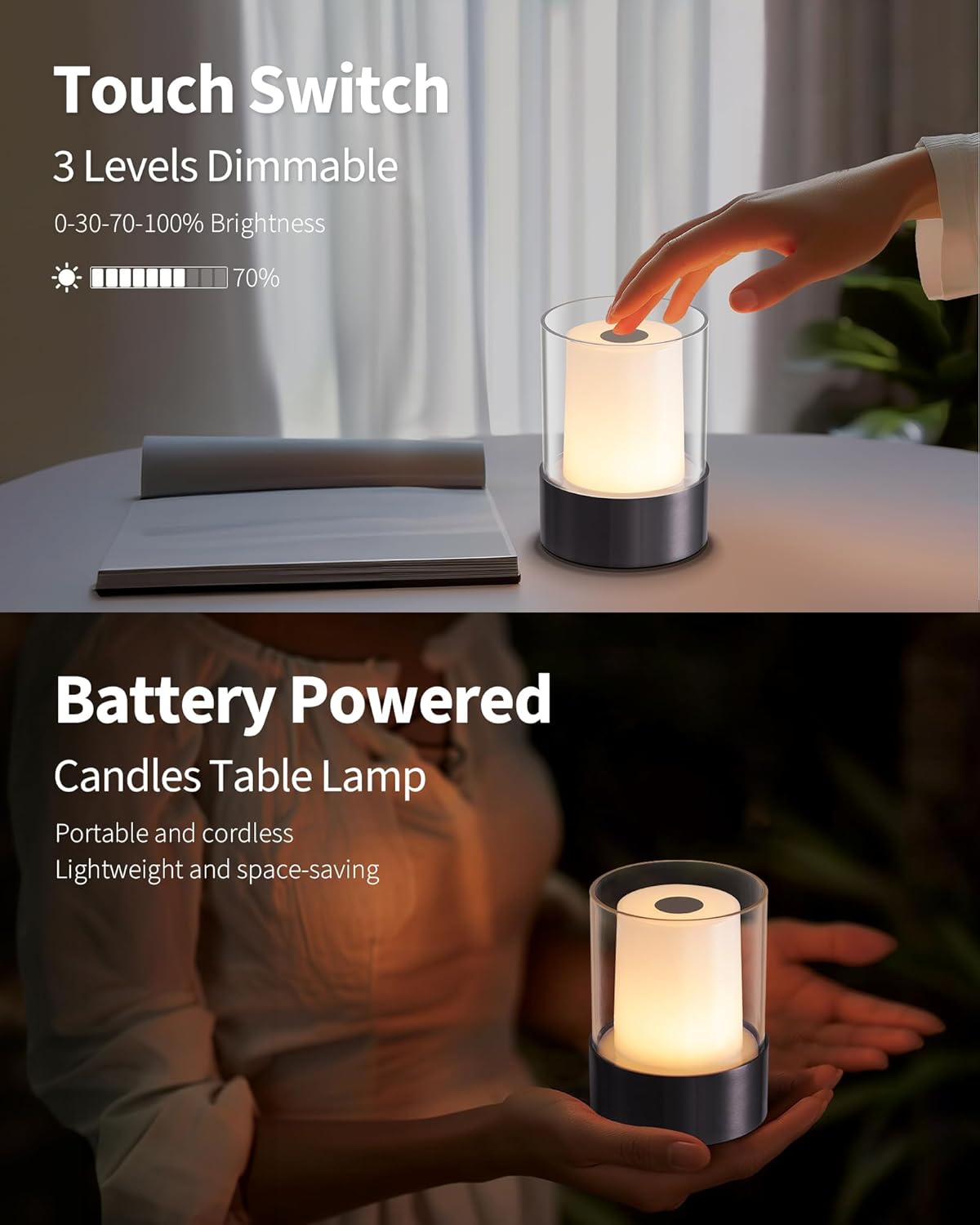 LED 4" Mini Cordless Table Lamp 2 Pack, Outdoor Waterproof Lamp, Rechargeable Battery Operated Lamp, Portable Touch Night Light for Dining Room, Camping, Nursery, Baby, Bar, Party (Black)