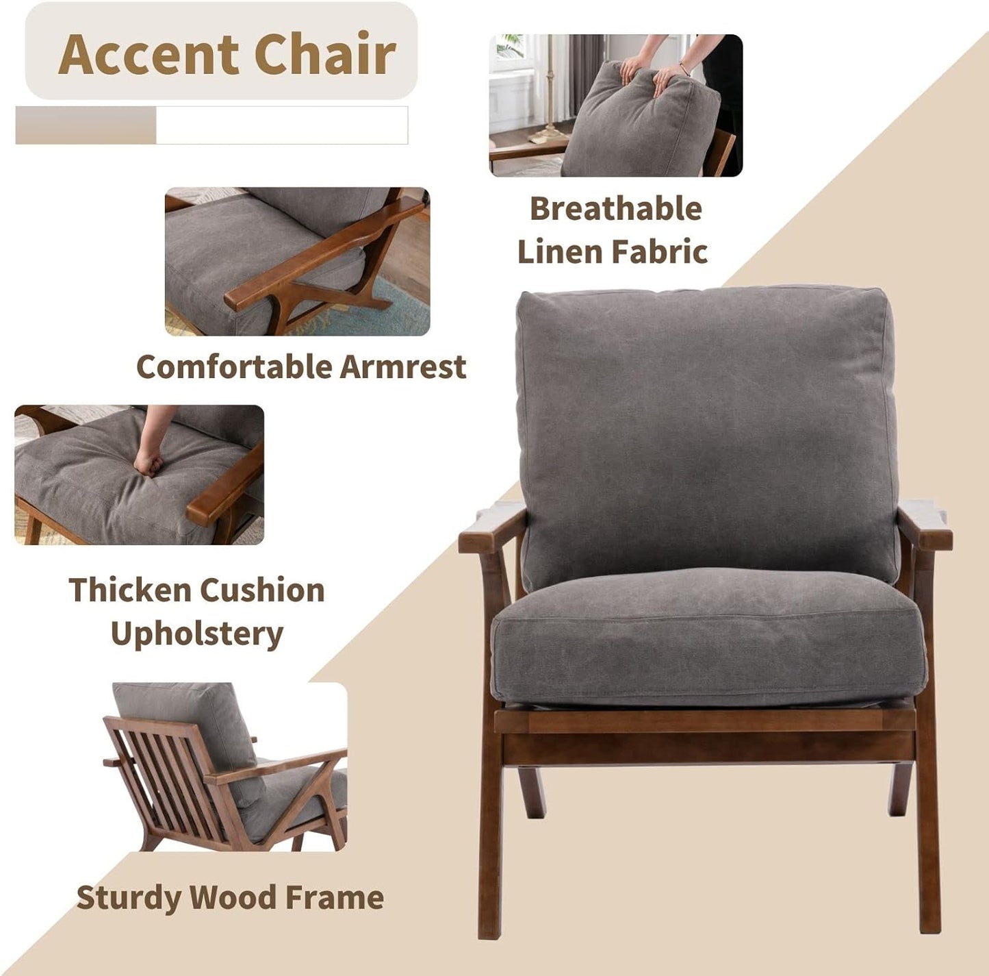 Mid Century Modern Accent Chair with ottoman, Farmhouse Linen Upholstered Living Room Armchair and Ottoman Set, 23" Seat Wide Retro Leisure Lounge Chair with Wood Frame for Home, Bedroom, Office, Grey