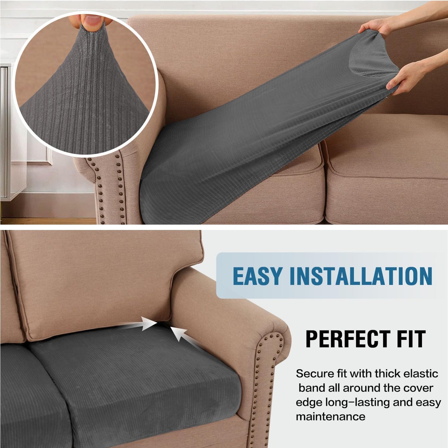 H.VERSAILTEX Velvet Stretch Couch Cushion Cover Plush Cushion Slipcover for Chair Loveseat Sofa Cushion Furniture Protector Seat Cushion Sofa Cover (2 Piece Medium Sofa Cushion Covers, Grey Striped)