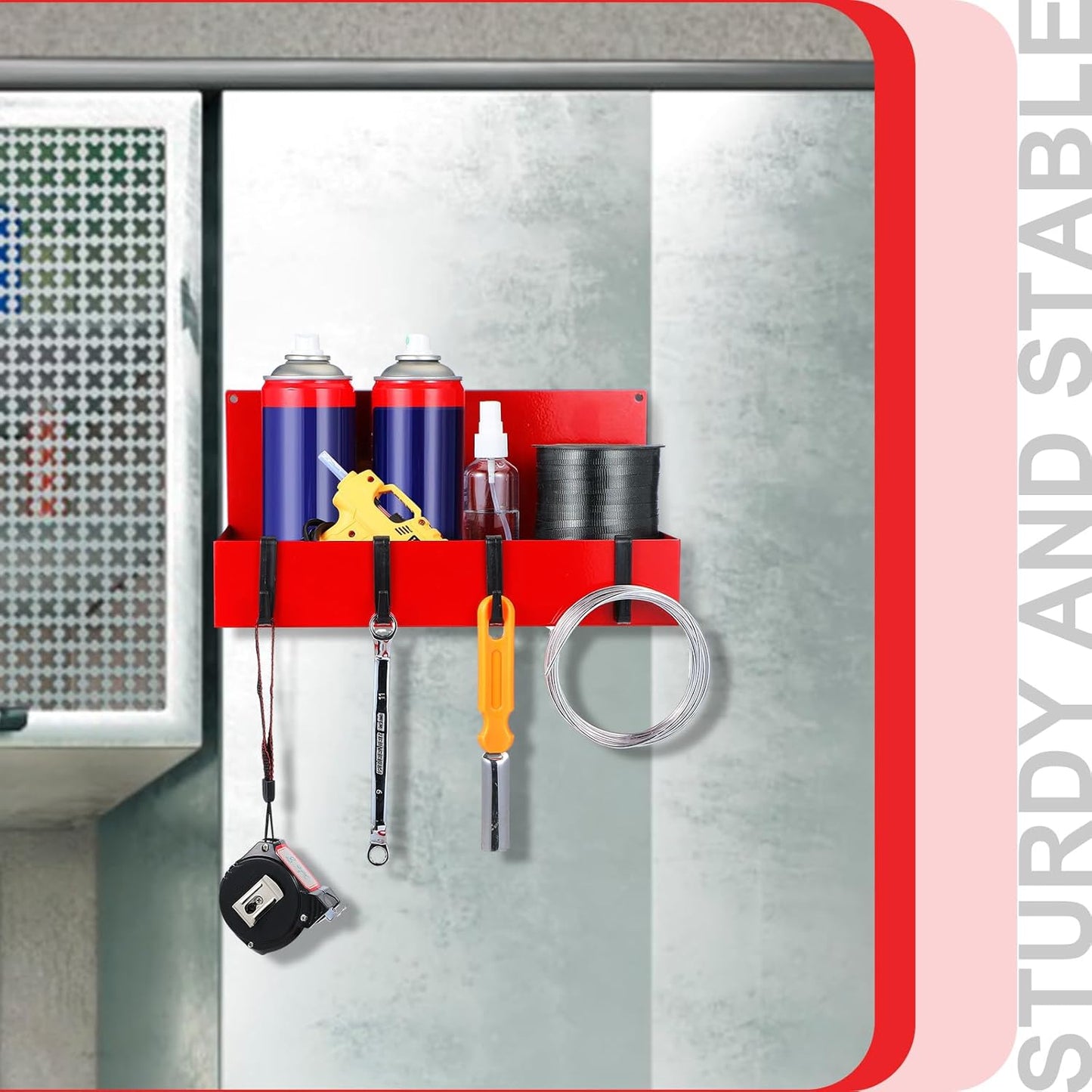 3 Pack Magnetic Garage Organizer Spice Rack for Refrigerator - 20 lb Capacity Shelf Hanging Heavy Duty Fridge Side for Organize Garage Tools, Red