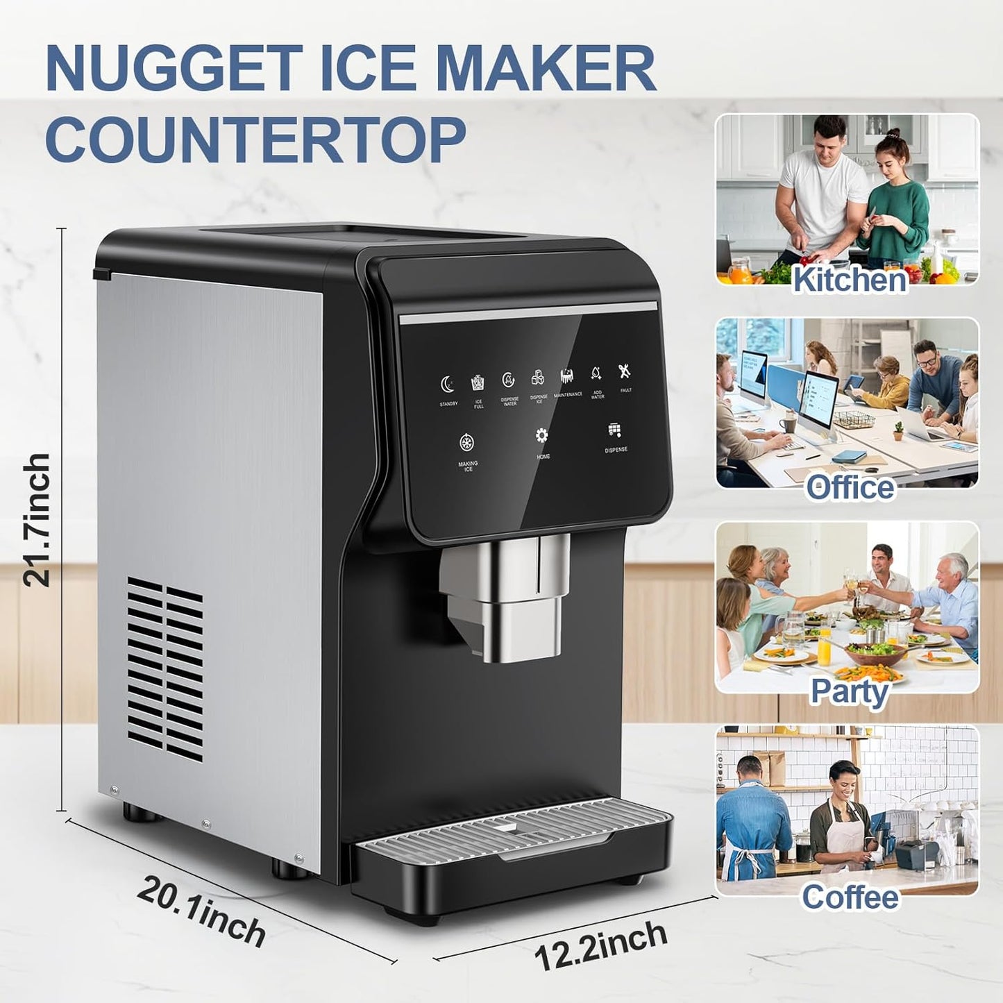 3-in-1 Nugget Ice Maker with Ice & Water Dispenser - 90Lbs/24H Pellet Chewable Ice, Self-Cleaning Countertop Stainless Steel Ice Machine for Commercial, Office, Kitchen, Party (Quiet Operation)