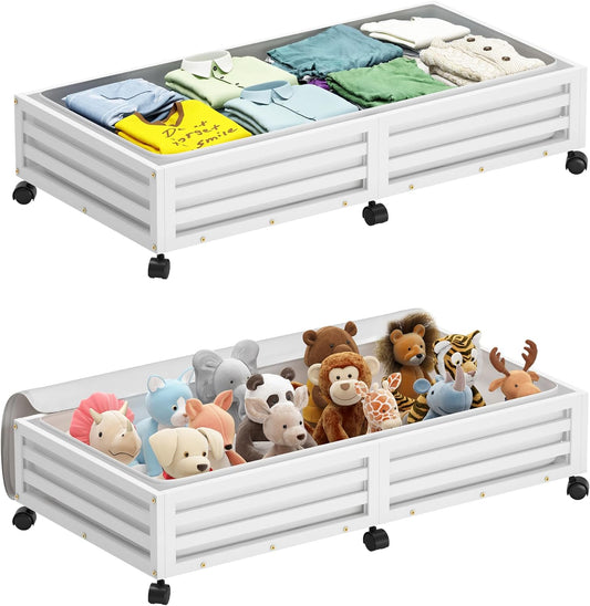 Bamboo Under Bed Storage Containers- Underbed Organizer with Wheels with Large Dust Bag,Sturdy Wood Rolling Under the Bed Shoe Storage Organizer Drawer 2 Packs (White, Long)