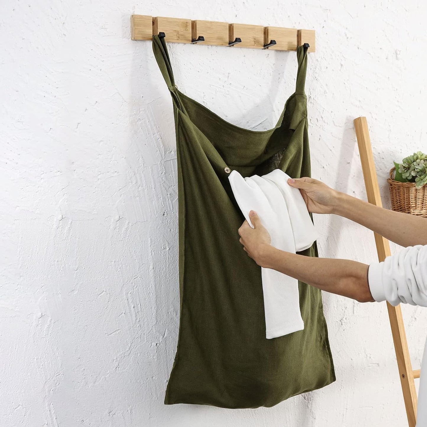 Linen Hanging Laundry Bag, 100% Linen Over The Door Laundry Hamper with Buttons and Zipper, Space Saving Door Hampers for Laundry Dirty Clothes Home Travel, Green
