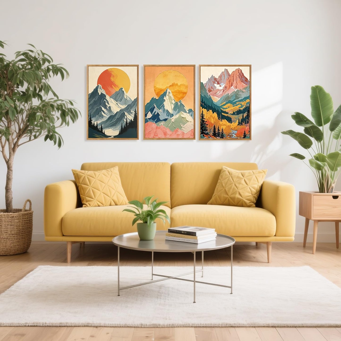 HPNIUB Mountains Forests Framed Canvas Wall Art Set, Abstract Woodland Painting, Boho Scenery Sun Wall Decor, Pretty Grassland River Artwork for Living Room, Bedroom, Dining Room, Office - 16"x24"x3