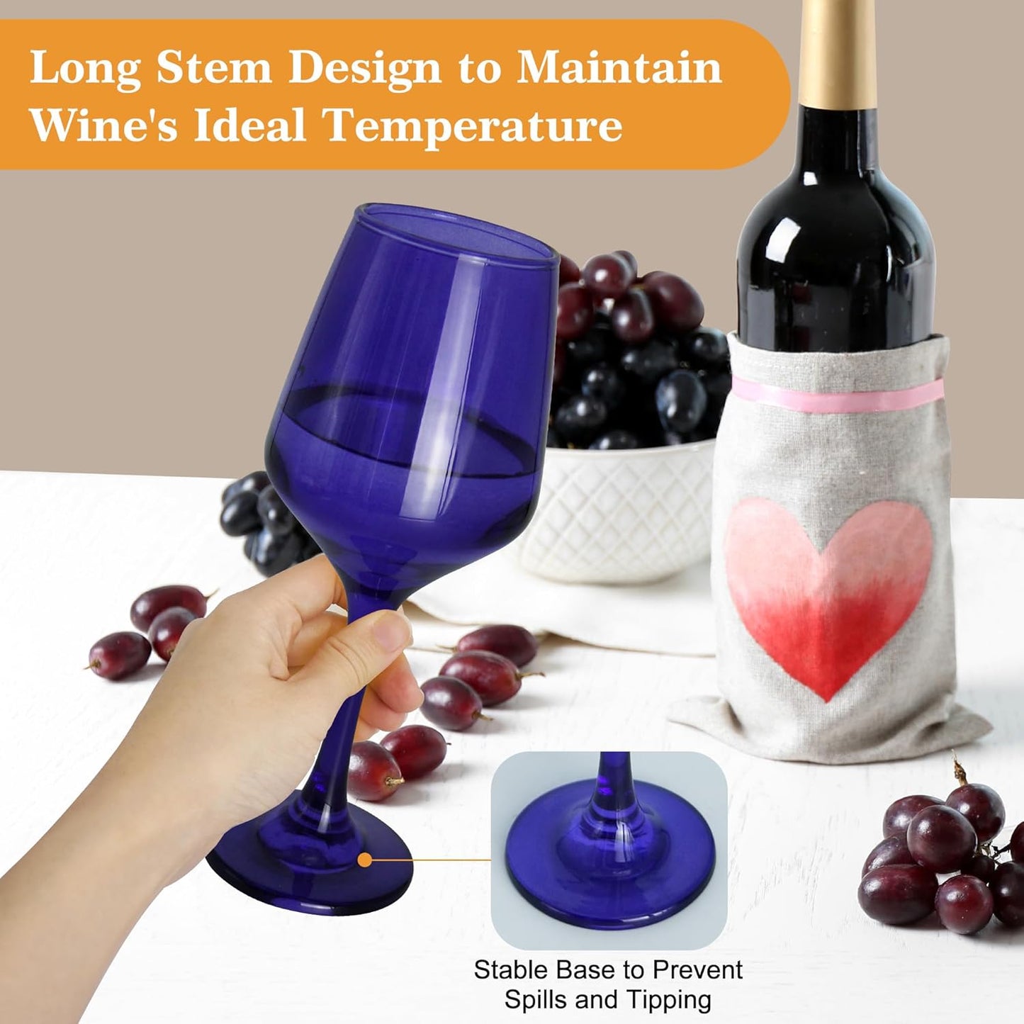 Purple Wine Glasses Set of 6-12oz Purple Long Stem Wine Glass Cups, Pretty Crystal Glassware, Hand Blown Goblets Drinkware, Unique Drinking Stemware Holiday Gift Set