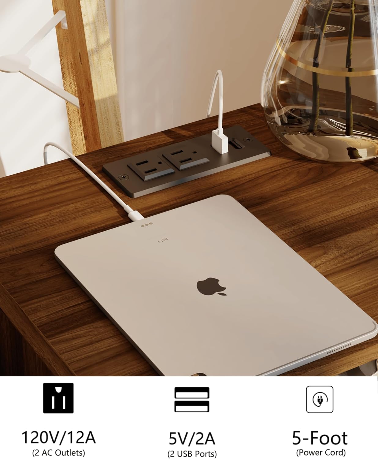 Rattan Nightstand with Outlet,Modern Bedside Table with Storage Drawer and Open Wood Shelf, for Living Room, Bedroom and Small Spaces, Accent Night Stand with Solid Wood Legs,Walnut Brown