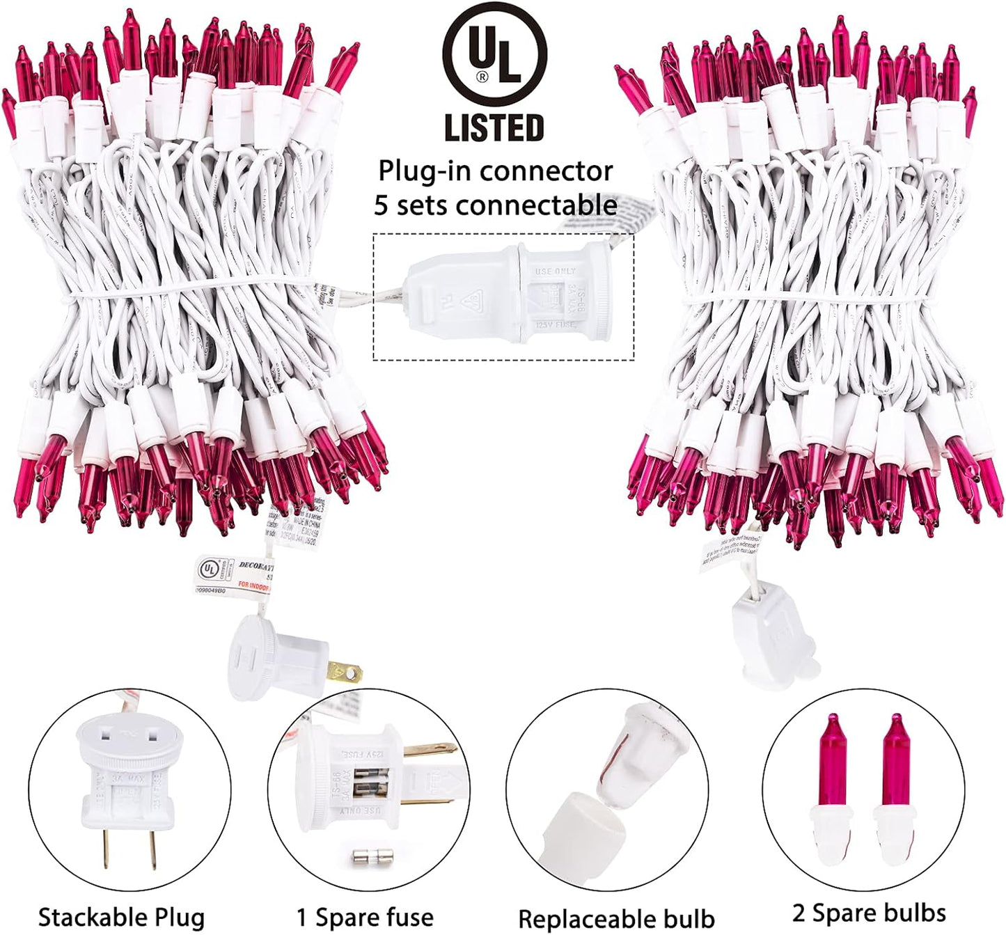 Christmas Pink Mini String Lights - 100 Count 25 Feet Detachable Incandescent Bulb Waterproof Fairy Lights Plug in for Indoor Outdoor Party Patio Xmas Tree Valentine's Day Decoration, White Wire