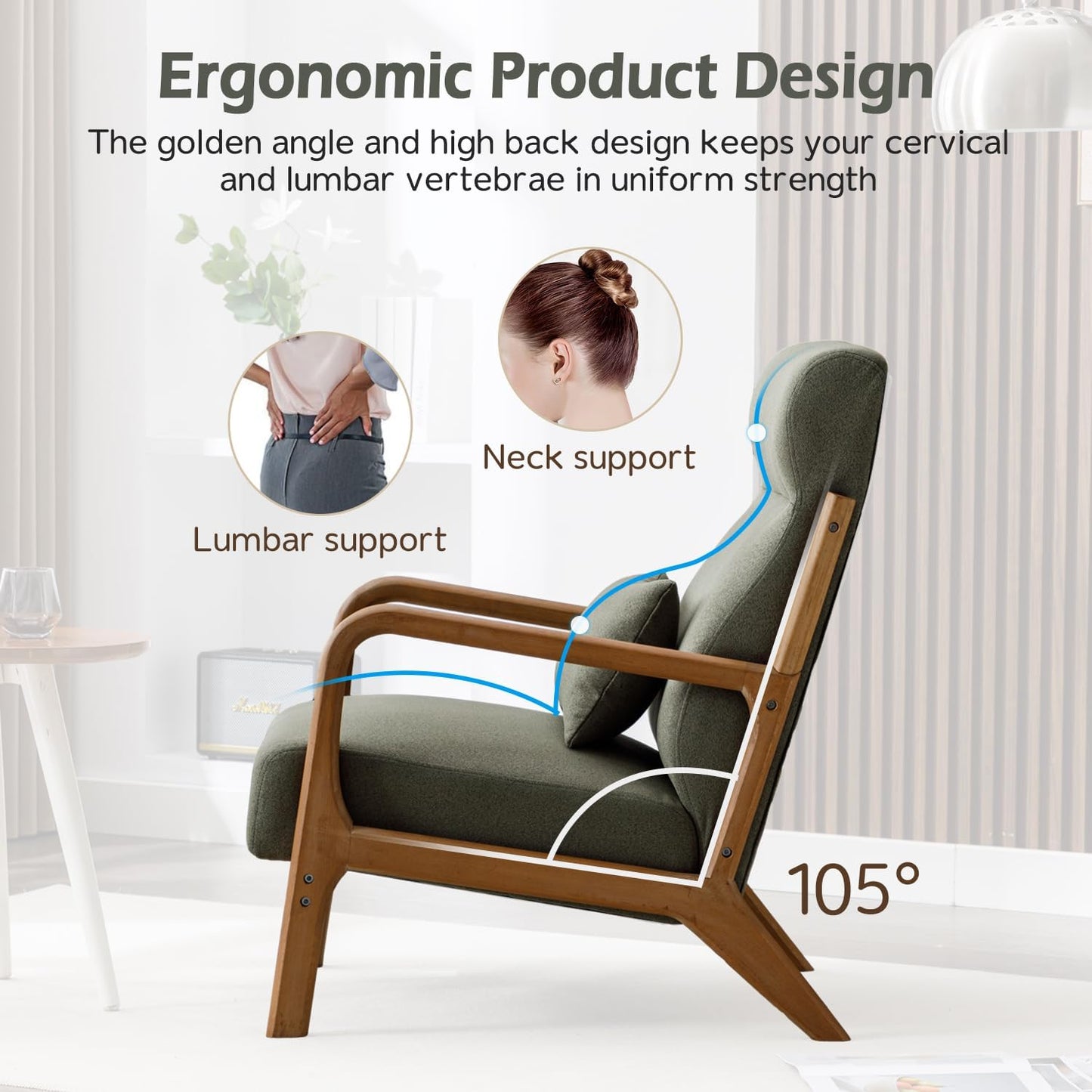 INZOY Mid Century Modern Accent Chair with High Back, Upholstered Living Room Chairs with Waist Cushion, Wood Frame Reading Armchair for Bedroom Sunroom, Green