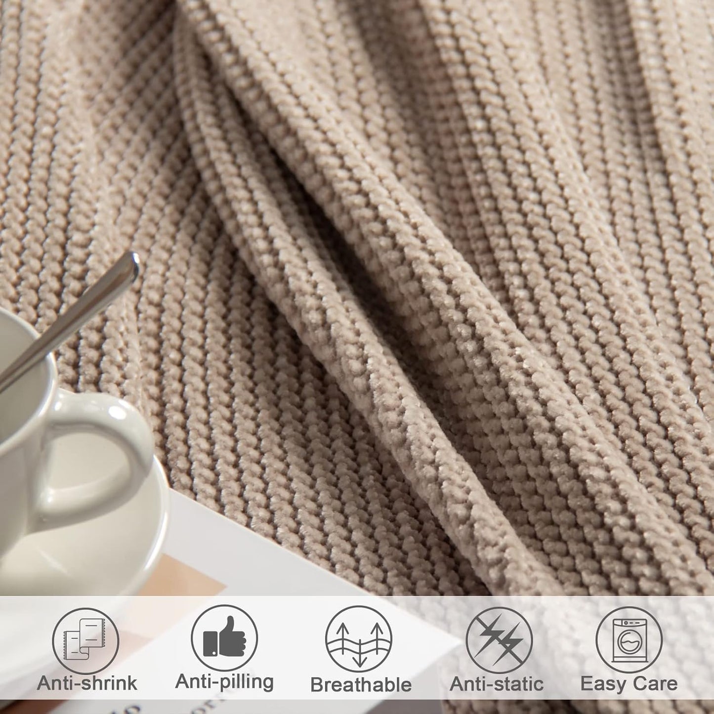 lifein Throw Blanket for Couch, Soft Boho Decor Bed Throw,Cozy Beige Knitted Chenille Small Farmhouse Lightweight Throw for Spring(Beige,50 * 60")