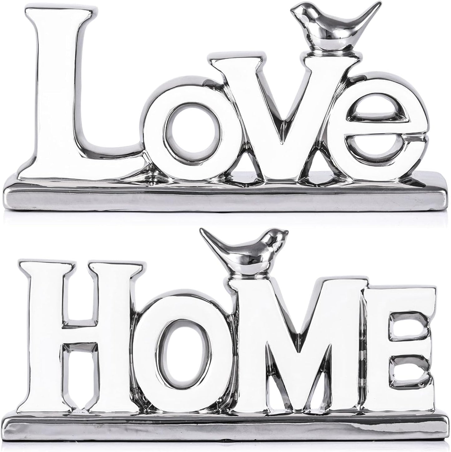 Love Sign Decoration,White and Silver Love Signs for Home Decor Statue,Bird Sculpture Personalized Love Decor,Chrome Style Figurine Decorative Ornaments for Living Room,Bedroom (2 Pcs, White+Silver)