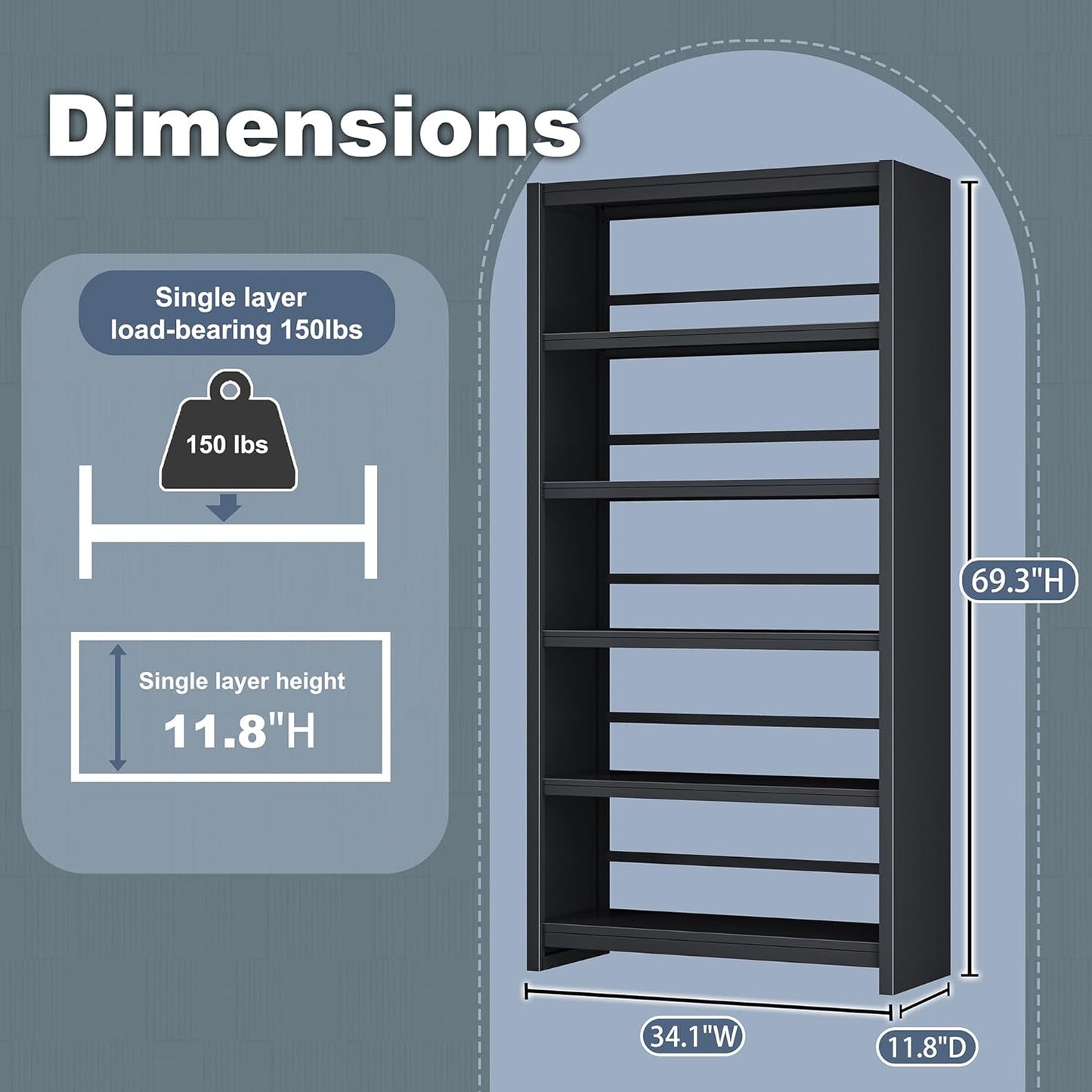 Bookshelf, 5 Shelf Bookcases, Tall Bookcase for Heavy Books, CDs, Movies, Garage Kit, Modern Display Shelf for Library Home Office Bderoom Living Room, Metal Bookshelves Industrial Black