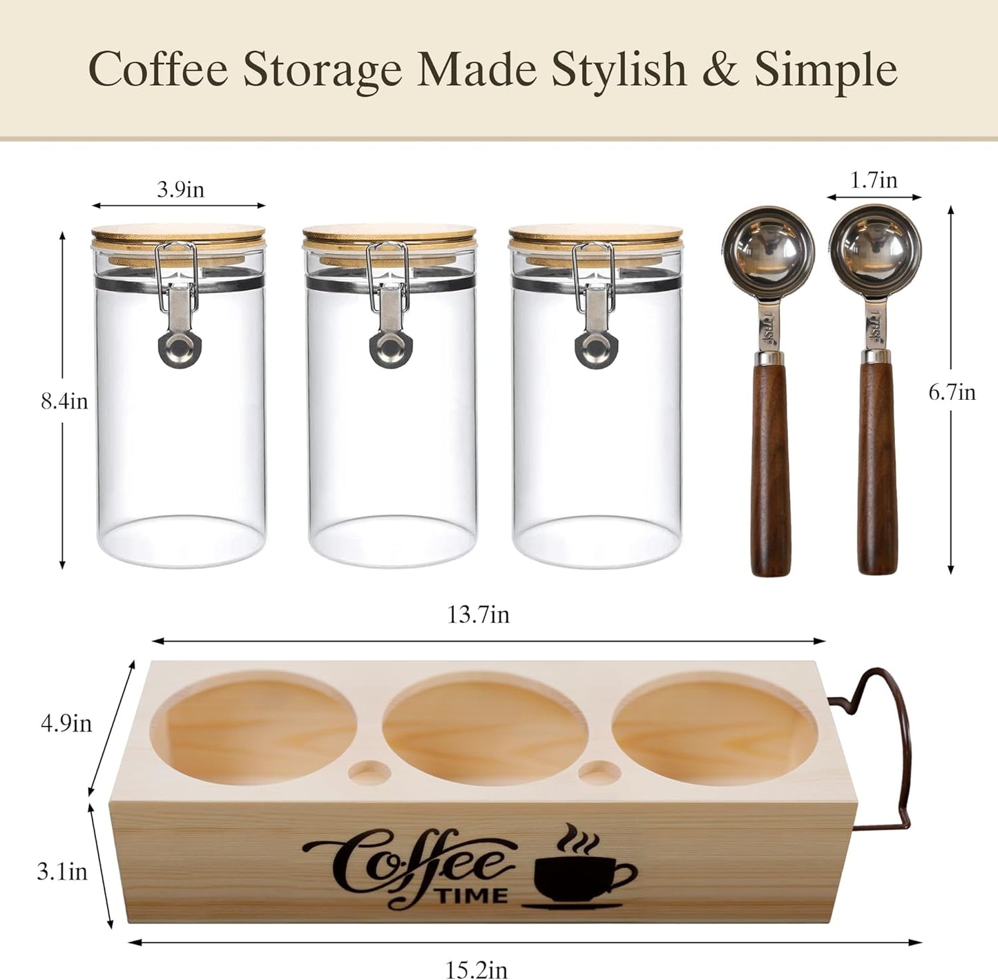 Glass Coffee Canister Set with Shelf & Spoons 3 Piece Coffee Containers for Ground Coffee Coffee Bean Storage Airtight Seal, Coffee Bar Coffee Filter Holder for Kitchen Organization