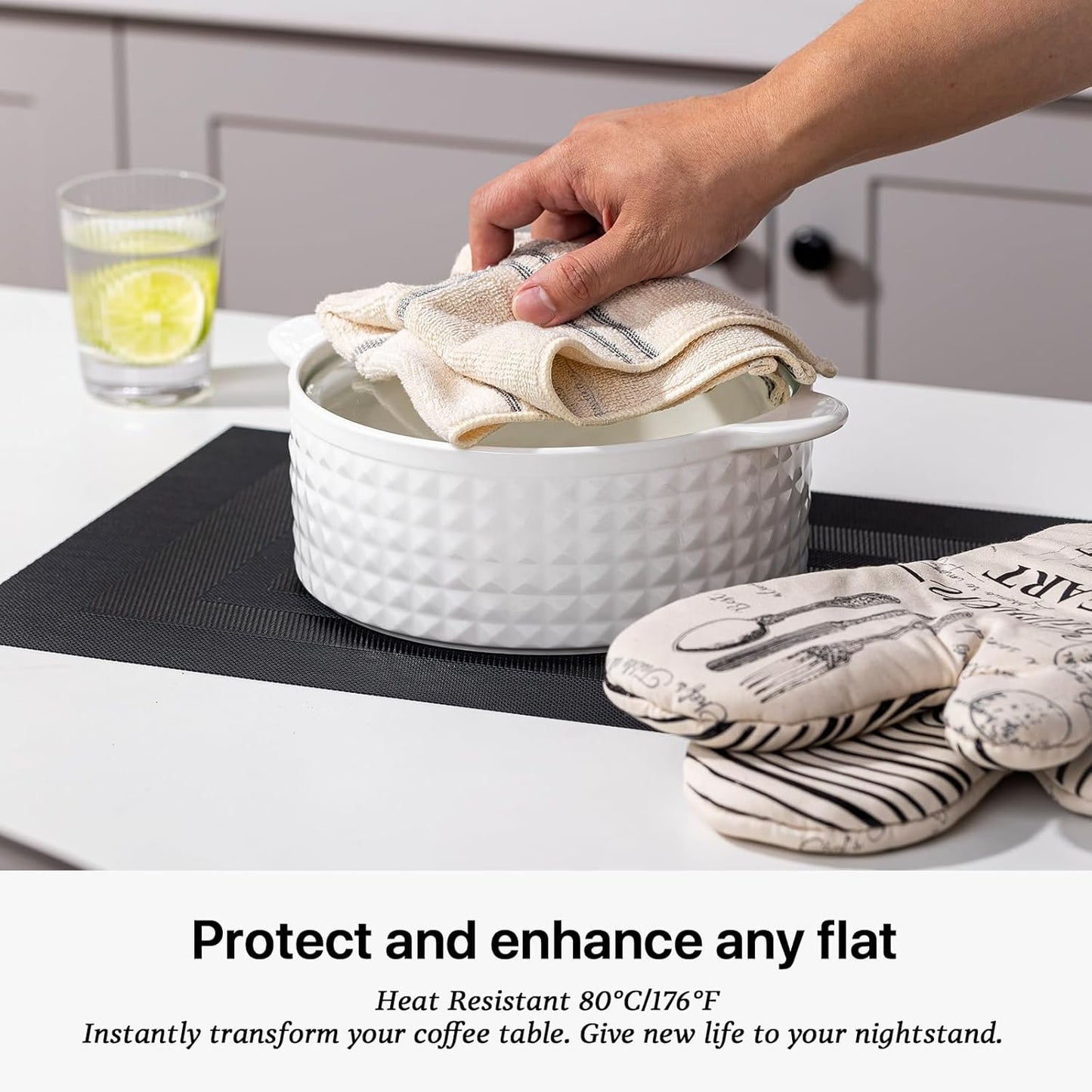 LEXMORE Placemats Set of 8 Vinyl/Plastic Woven Place Mats for Kitchen Table Indoor/Outdoor Washable Placemat Wipeable Dining Table Mats(G-Black Cube)