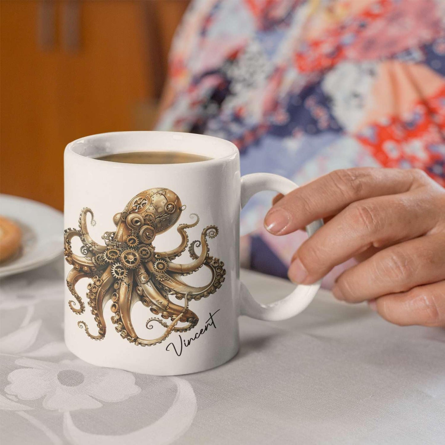 Personalized Unique Name Ceramic Mug 11oz, Customized Steampunk Octopus Mug With Mechanical Themed, Gear-Filled Octopus White Coffee Mug, Gift For Friends, Coworkers, Kids Mug