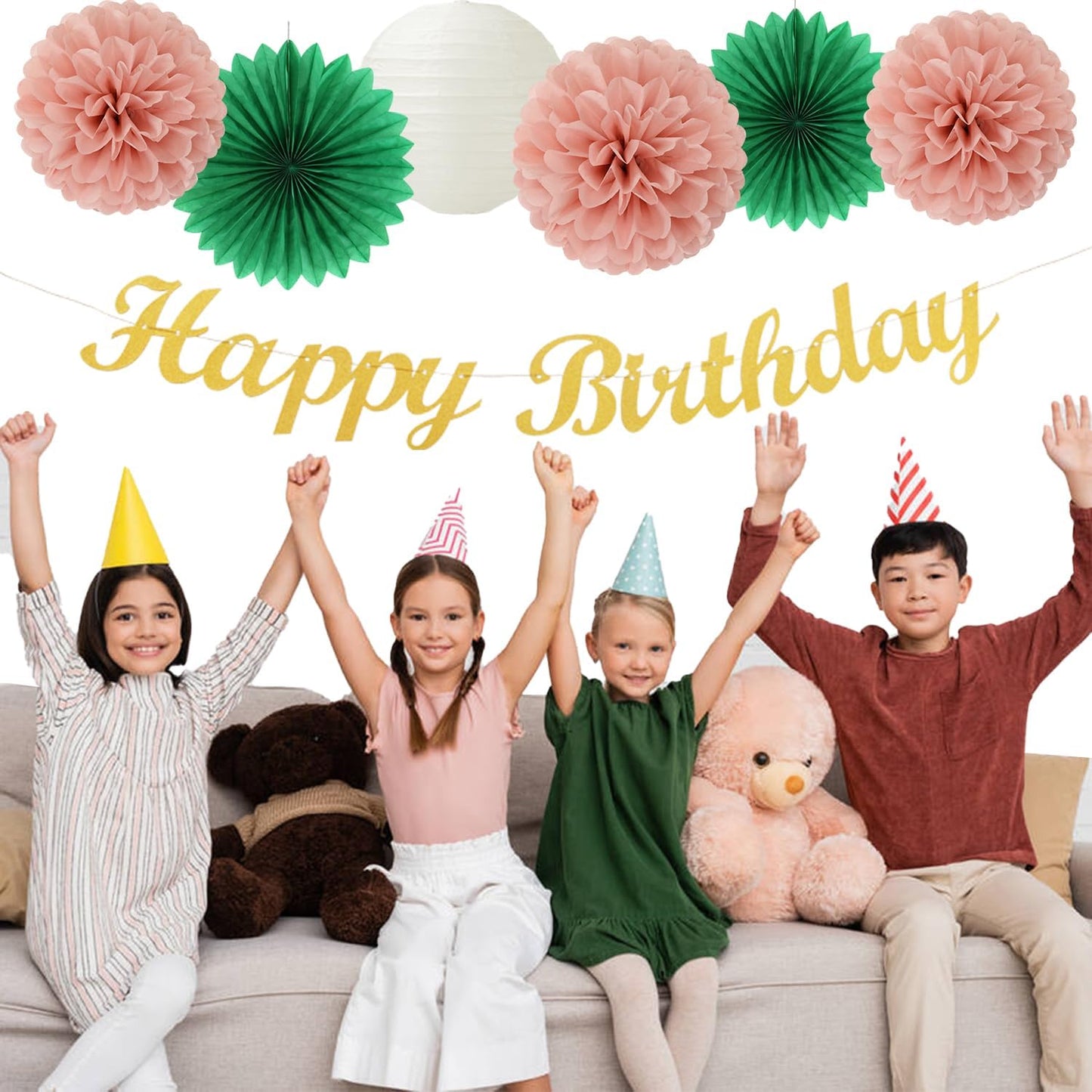 Sage-Green Pink Birthday Party-Decorations Paper-Flowers - 14pcs Happy Banner Spring Lanterns Tissue Pom Poms,Boho Streamers Garland Fans,Neutral Rustic Garden Office Hanging Supplies Decor Hugfond