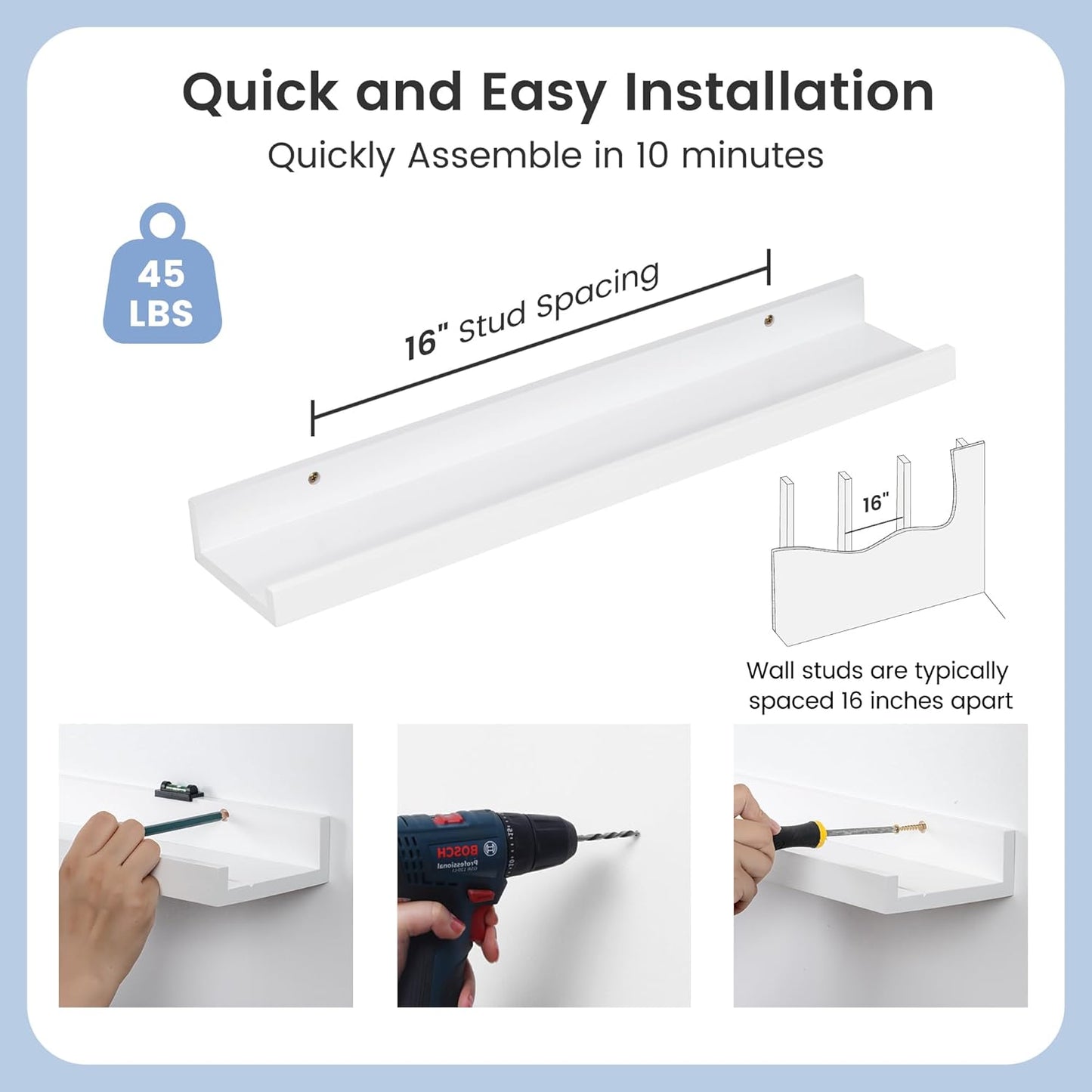 Picture Ledge Shelf for Wall, 24 inches Solid Pine Wood Nursery Book Shelves 3 Packs, Floating Ledge Shelves for Kids' Room Bedroom Bathroom Living Room Photo Frames Office Nursey Wall Decor, White