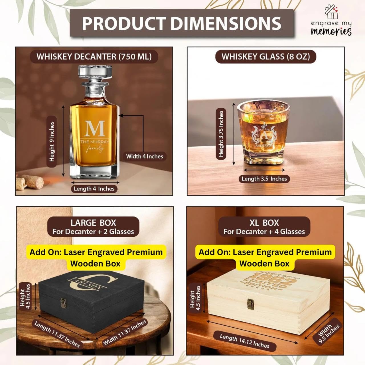 Personalized Square Whiskey Decanter Set for Men 750ml Luxury Gift for Valentine's, Birthdays, Anniversaries - Liquor Decanters with 2 or 4 Glasses Retirement, Weddings - 24 Engraved Design Options