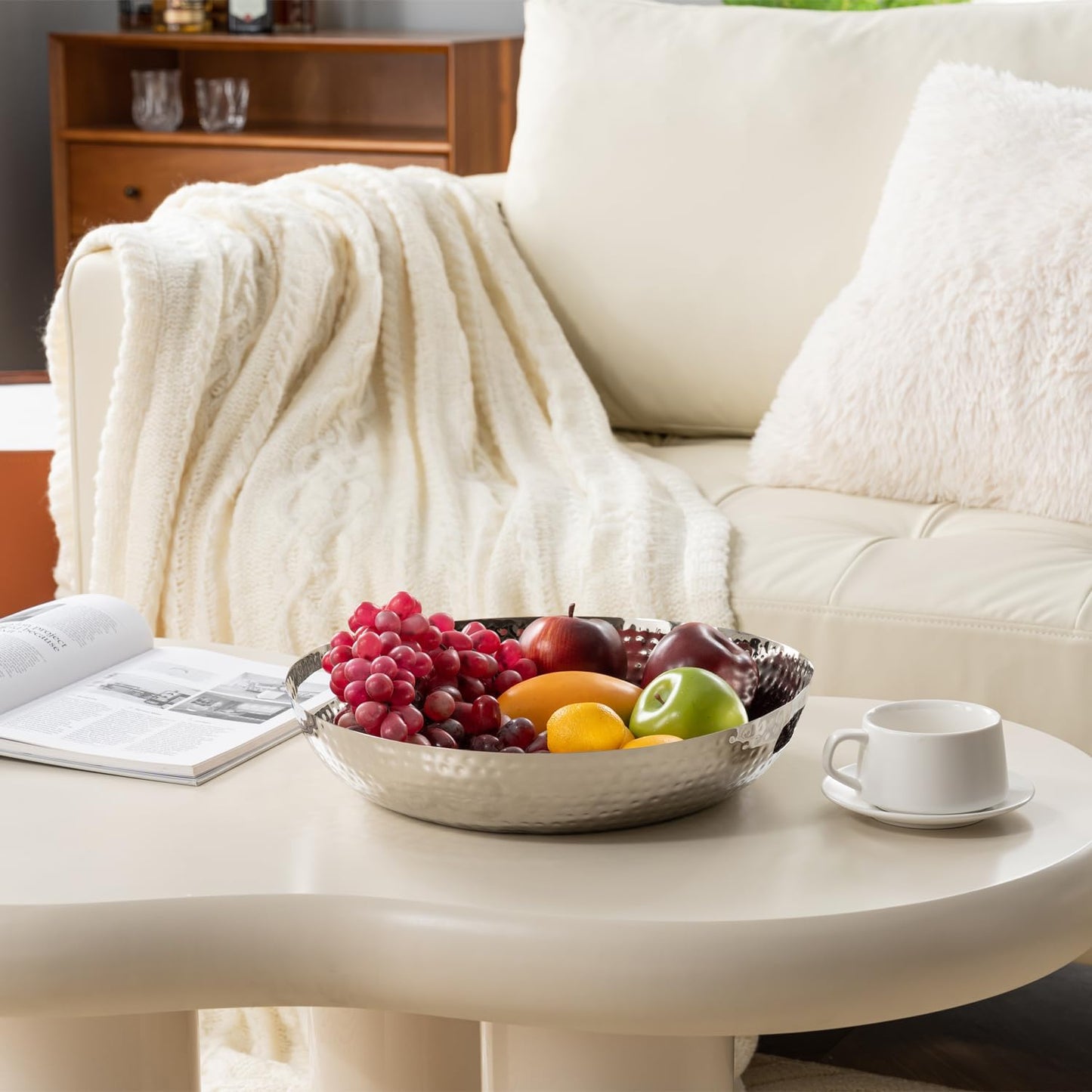 MyGift 14 Inch Deluxe Decorative Dish Tray Centerpiece Base, Silver Tone Plated Hammered Aluminum Fruit Bowl Serving Platter with Cutout Handles - Handcrafted in India