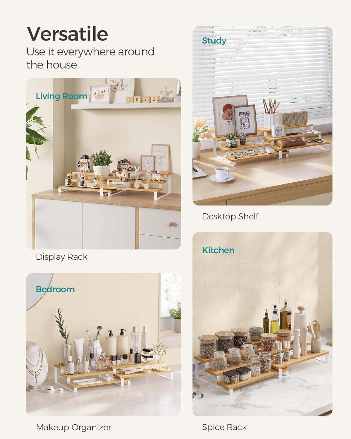 SONGMICS Display Risers, Set of 2 Engineered Wood Perfume Organizer Stand, 3-Tier Cupcake Stand Holder, Spice Rack, Shelf Risers for Figures, Dessert Shelves, Natural Beige and Cloud White UKCS016N02