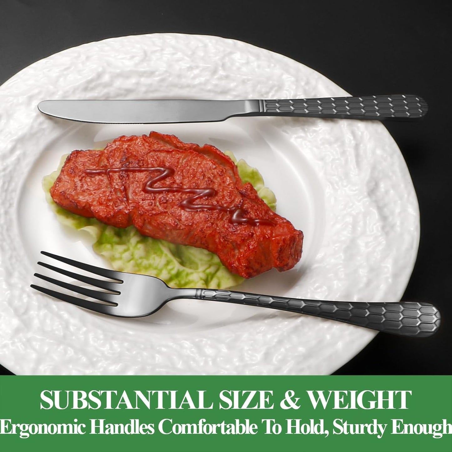 40 Pcs Black Silverware Set for 8 with Water Cube Handle design, Food Grade Stainless Steel Flatware Set, Eating Utensils Sets Include Fork/Knife/Spoon, Reusable Cutlery Set, Dishwasher Safe